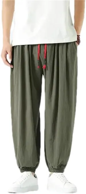 Men Vintage Elastic Waist Harem Pants Wide Leg Ankle Length Pants Casual Streetwear Trousers