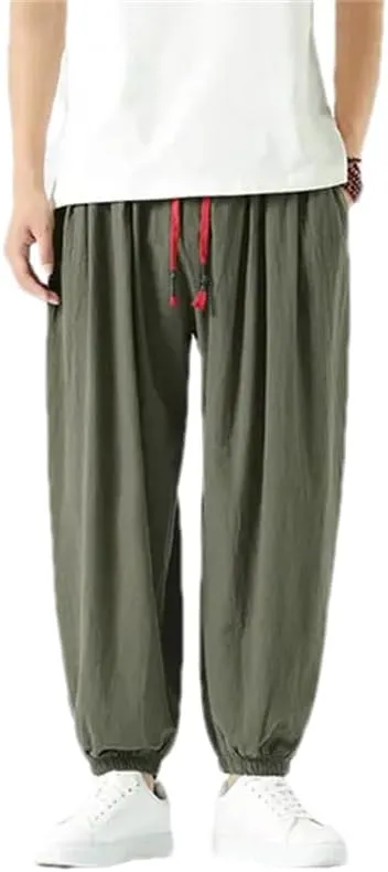 Men Vintage Elastic Waist Harem Pants Wide Leg Ankle Length Pants Casual Streetwear Trousers