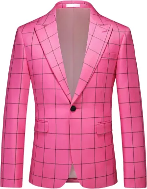 Mens Blazer Plaid Sport Coats One Button Casual Slim Fit Checked Jacket