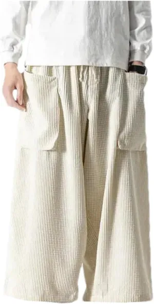 Men's Corduroy Casual Wide Leg Pants Solid Color Loose Elastic Waist Straight Harem Trousers