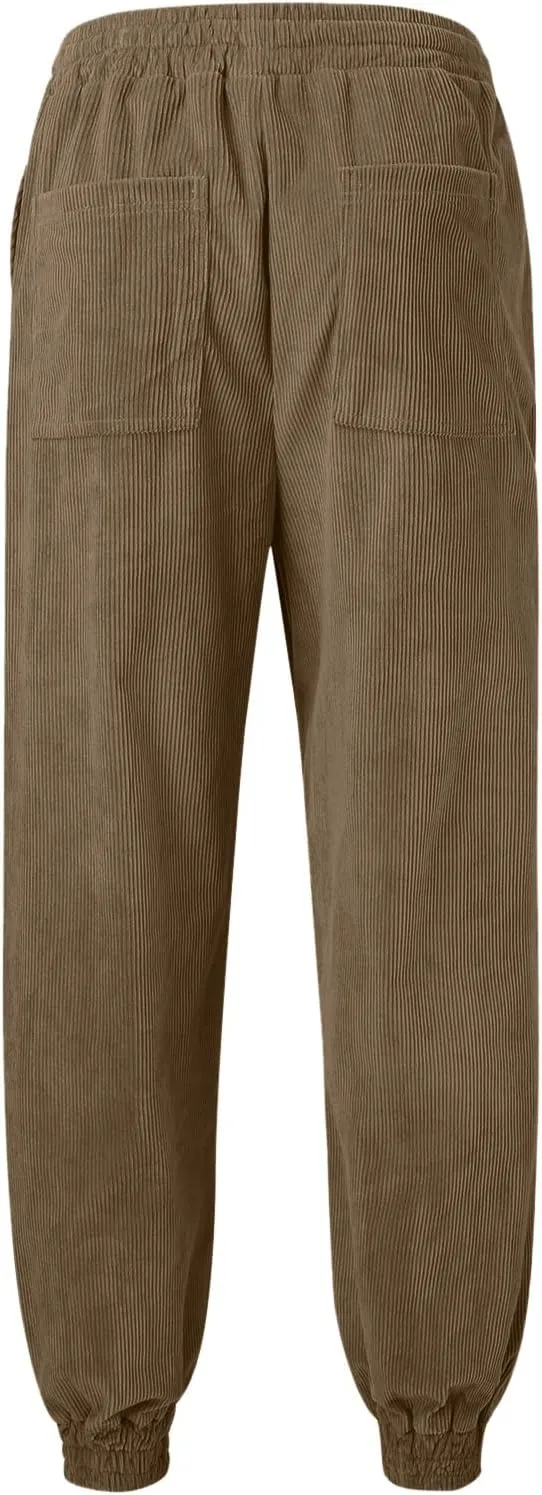 Mens Corduroy Tapered Joggers Sweatpants Drawstring Elastic Waist Baggy Cargo Pants Oversized Loose Casual Harem Pant
