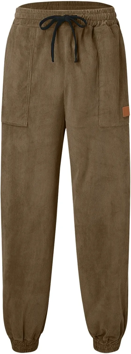 Mens Corduroy Tapered Joggers Sweatpants Drawstring Elastic Waist Baggy Cargo Pants Oversized Loose Casual Harem Pant