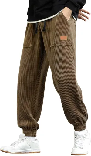Mens Corduroy Tapered Joggers Sweatpants Drawstring Elastic Waist Baggy Cargo Pants Oversized Loose Casual Harem Pant