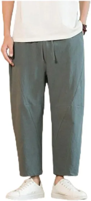 Men's Linen Harem Pants Drawstring Elastic Waist Casual Loose Fit Beach Pants with Pockets