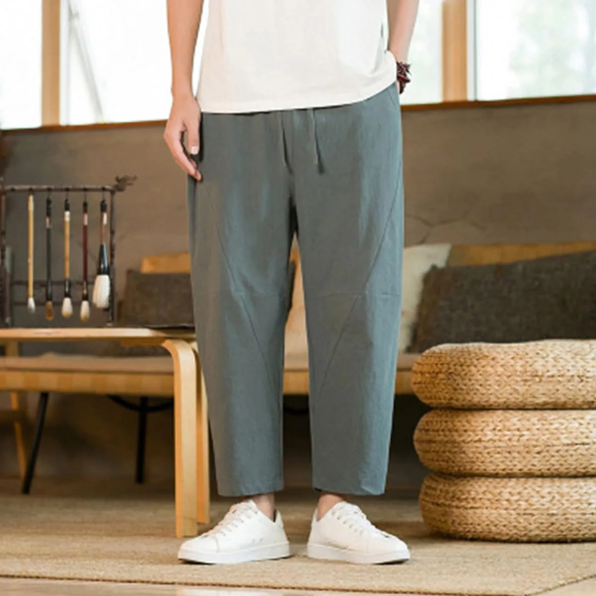 Men's Linen Harem Pants Drawstring Elastic Waist Casual Loose Fit Beach Pants with Pockets