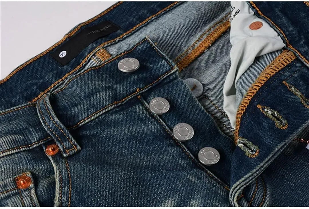 Men's Street Hot Style Elastic Patch Denim Straight-Leg Pants Retro Denim Trousers