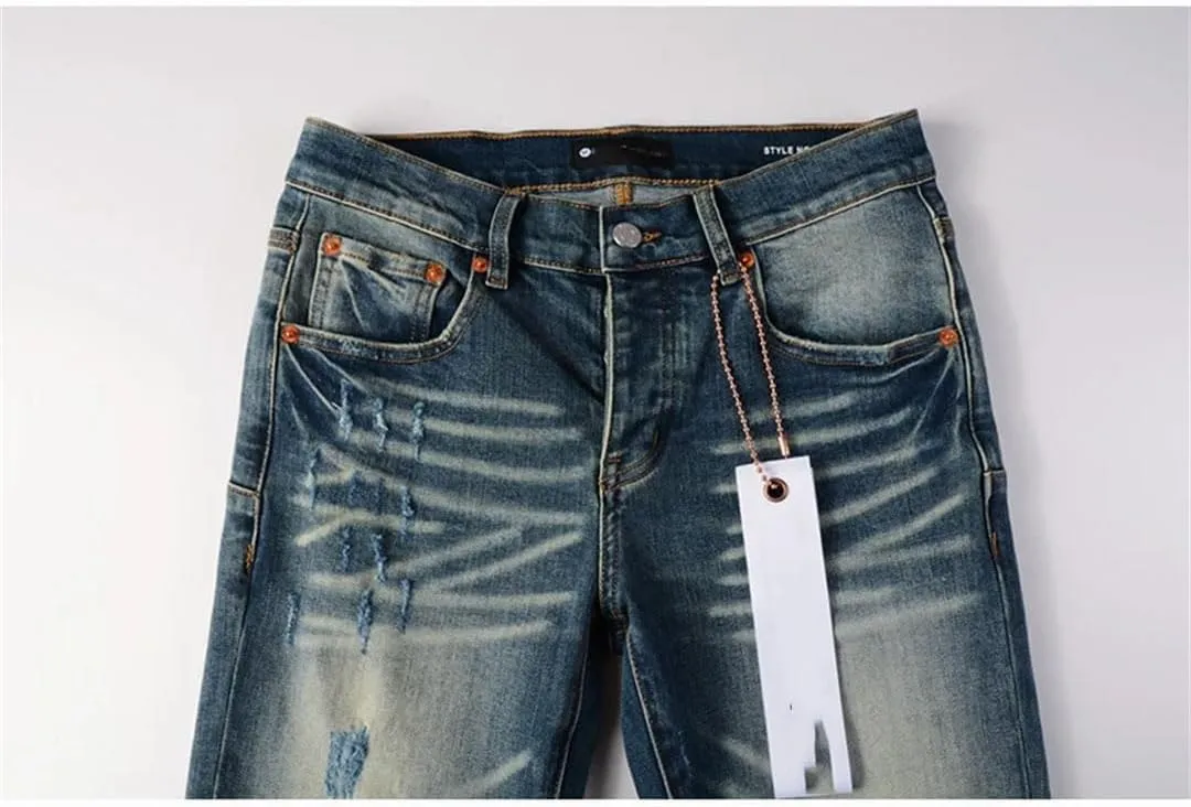 Men's Street Hot Style Elastic Patch Denim Straight-Leg Pants Retro Denim Trousers