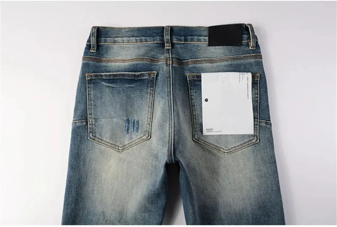 Men's Street Hot Style Elastic Patch Denim Straight-Leg Pants Retro Denim Trousers