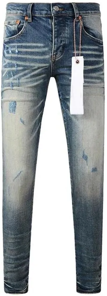 Men's Street Hot Style Elastic Patch Denim Straight-Leg Pants Retro Denim Trousers