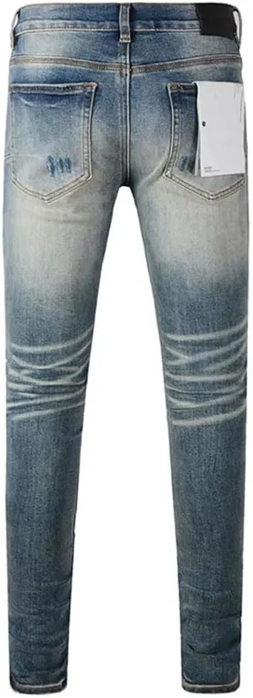 Men's Street Hot Style Elastic Patch Denim Straight-Leg Pants Retro Denim Trousers