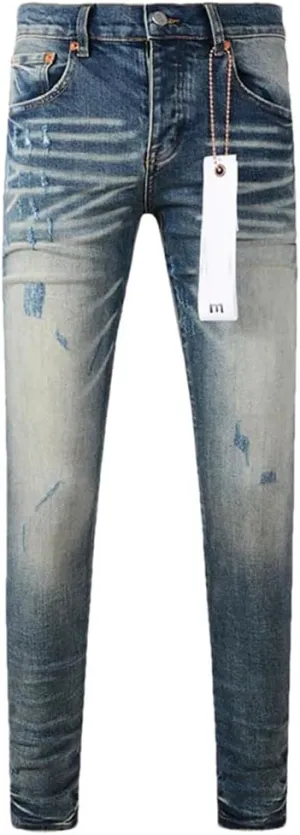 Men's Street Hot Style Elastic Patch Denim Straight-Leg Pants Retro Denim Trousers