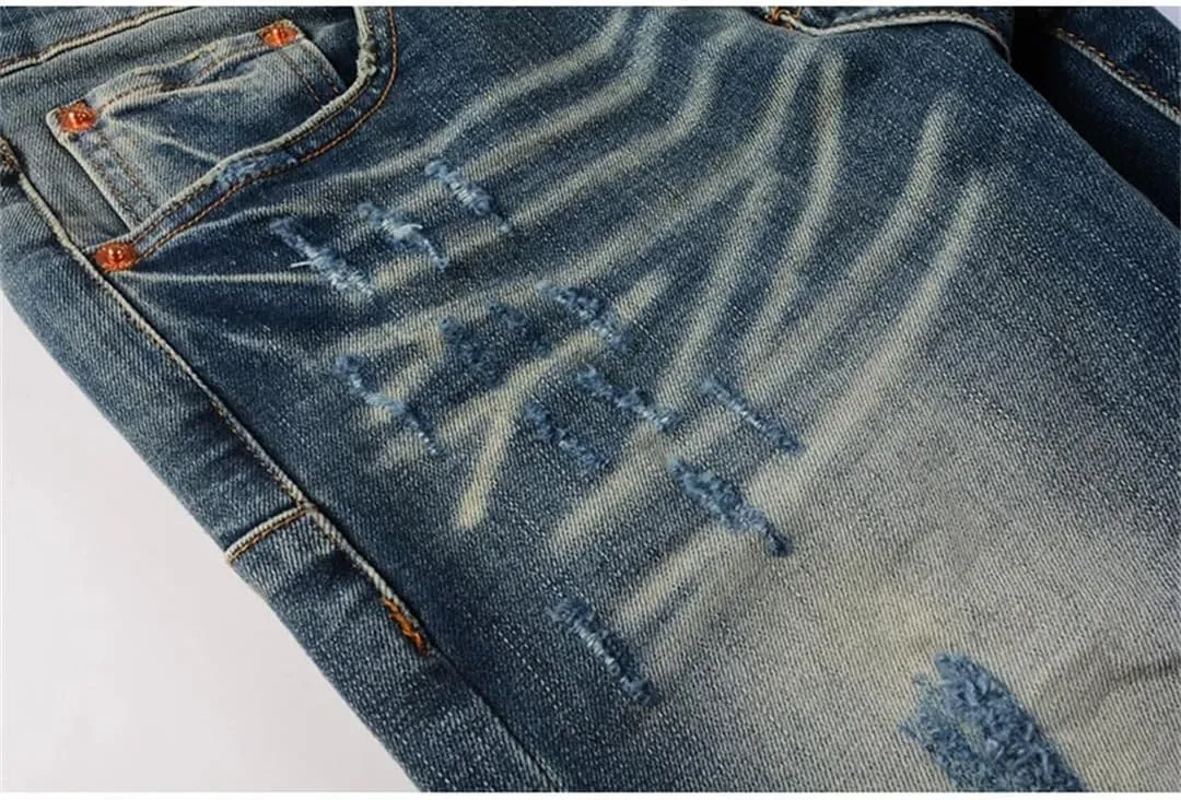 Men's Street Hot Style Elastic Patch Denim Straight-Leg Pants Retro Denim Trousers