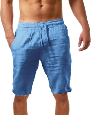 Mens Summer Cotton Linen Beach Shorts Lightweight Workout Gym Yoga Shorts Classic Fit Elastic Waist Short with Drawstring