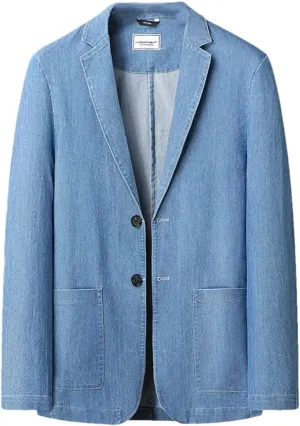 Men's Thin Cotton Suit Jacket Two Button Lapel Loose Denim Blazer Plus Size Pocket Casual Outerwear