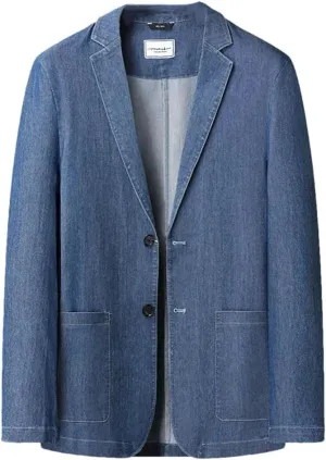 Men's Thin Cotton Suit Jacket Two Button Lapel Loose Denim Blazer Plus Size Pocket Casual Outerwear