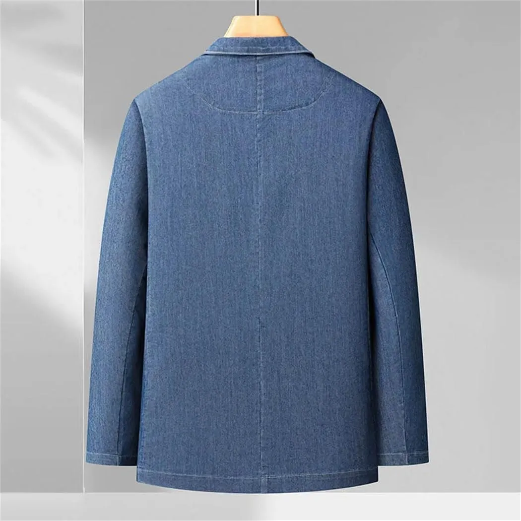 Men's Thin Cotton Suit Jacket Two Button Lapel Loose Denim Blazer Plus Size Pocket Casual Outerwear