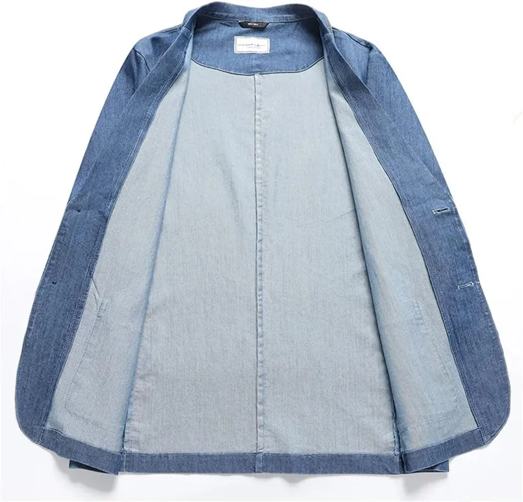 Men's Thin Cotton Suit Jacket Two Button Lapel Loose Denim Blazer Plus Size Pocket Casual Outerwear