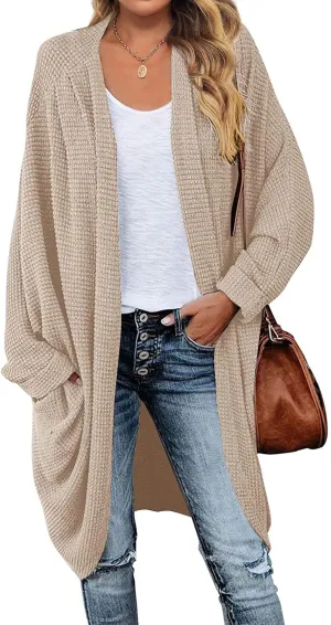 MEROKEETY Women's 2025 Fall Waffle Knit Batwing Long Sleeve Cardigan Loose Open Front Sweater Coat