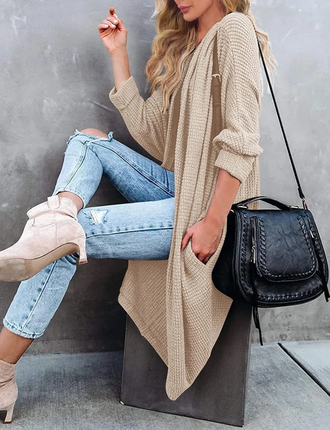 MEROKEETY Women's 2025 Fall Waffle Knit Batwing Long Sleeve Cardigan Loose Open Front Sweater Coat