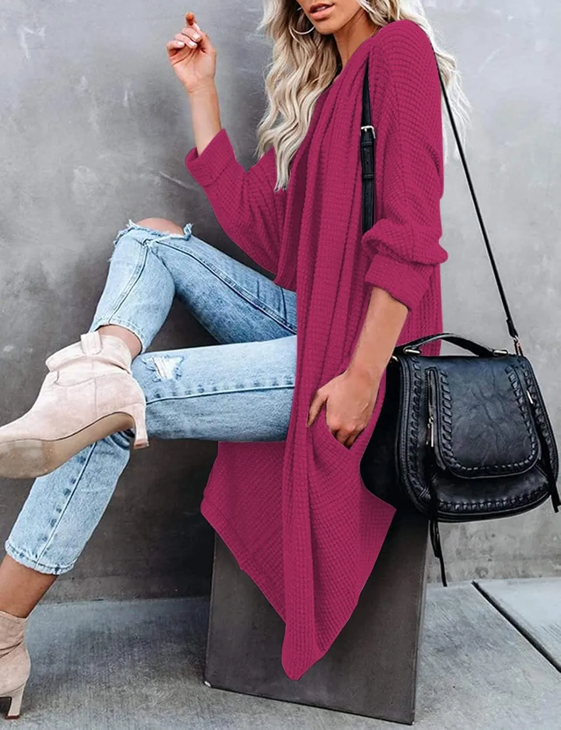 MEROKEETY Women's 2025 Fall Waffle Knit Batwing Long Sleeve Cardigan Loose Open Front Sweater Coat