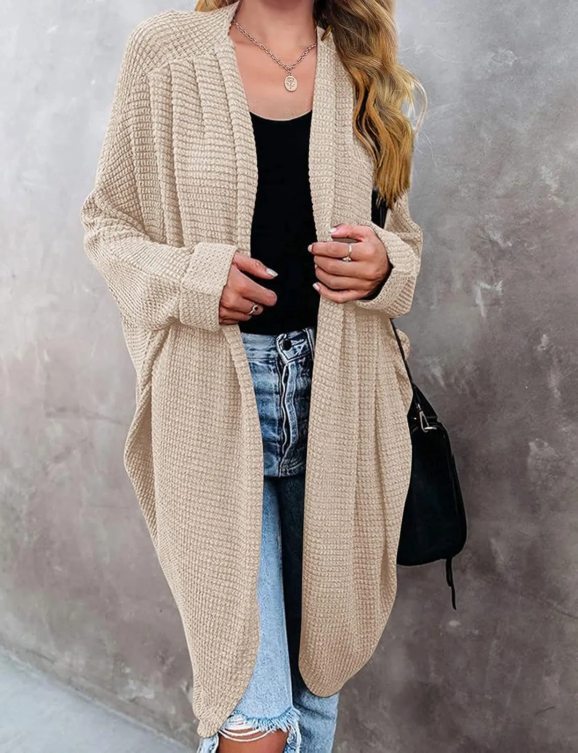 MEROKEETY Women's 2025 Fall Waffle Knit Batwing Long Sleeve Cardigan Loose Open Front Sweater Coat