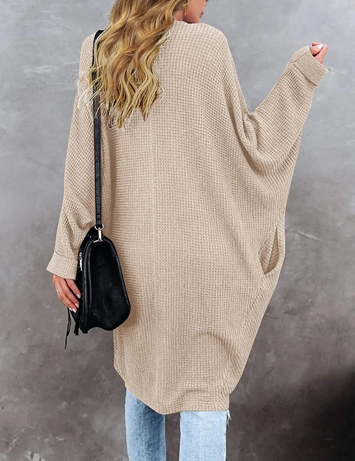 MEROKEETY Women's 2025 Fall Waffle Knit Batwing Long Sleeve Cardigan Loose Open Front Sweater Coat