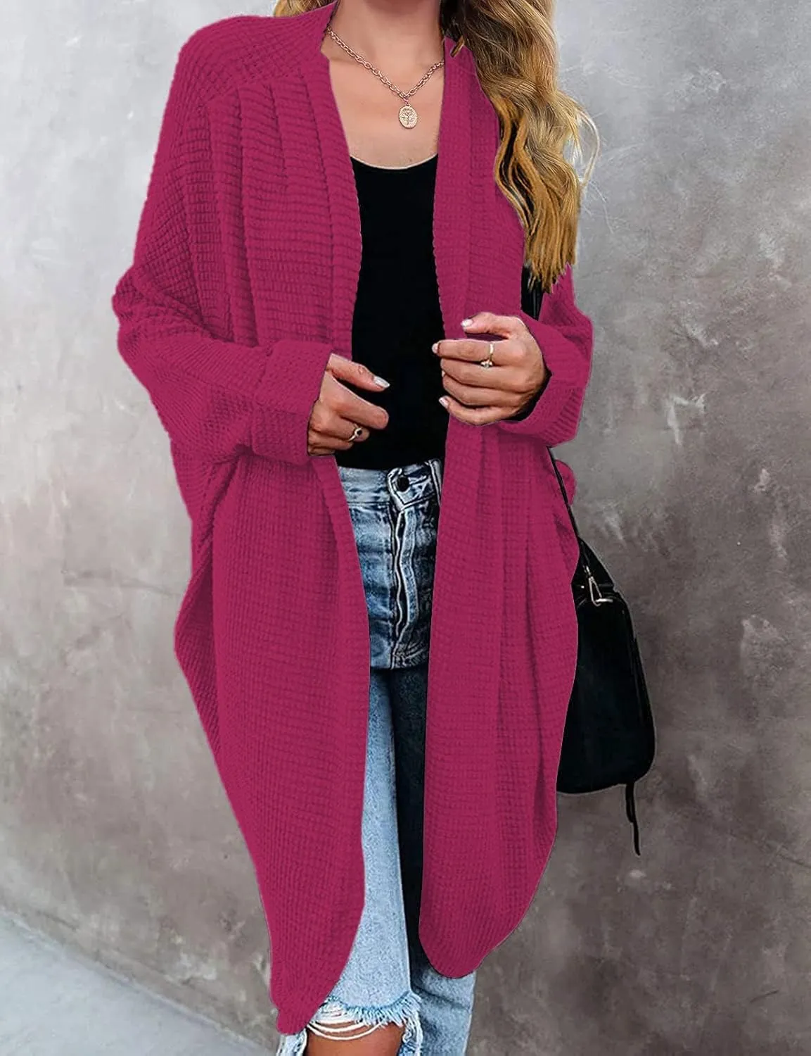 MEROKEETY Women's 2025 Fall Waffle Knit Batwing Long Sleeve Cardigan Loose Open Front Sweater Coat