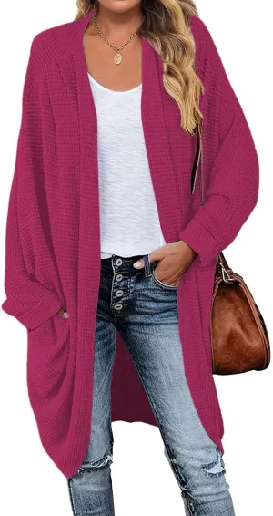 MEROKEETY Women's 2025 Fall Waffle Knit Batwing Long Sleeve Cardigan Loose Open Front Sweater Coat