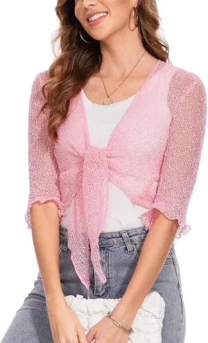 MISS MOLY Women Sheer Shrug Cardigan, Bolero Shrug Sweaters for Dresses, Tie Front Lightweight Crop Knit, Short Cover Up Tops