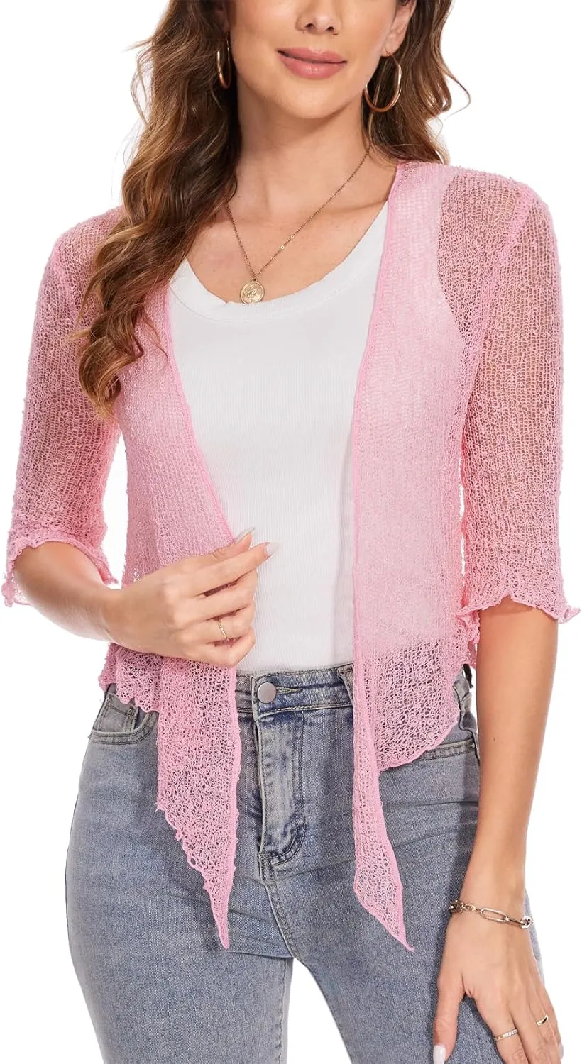 MISS MOLY Women Sheer Shrug Cardigan, Bolero Shrug Sweaters for Dresses, Tie Front Lightweight Crop Knit, Short Cover Up Tops