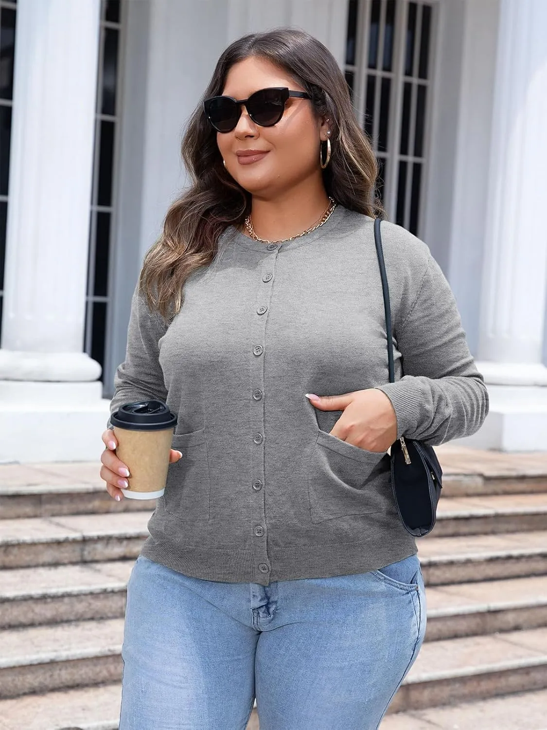 MK Shop Limited Womens Plus Size Cardigans Lightweight Button Sweaters Two Pockets Long Sleeve Knit Open Front Outwear