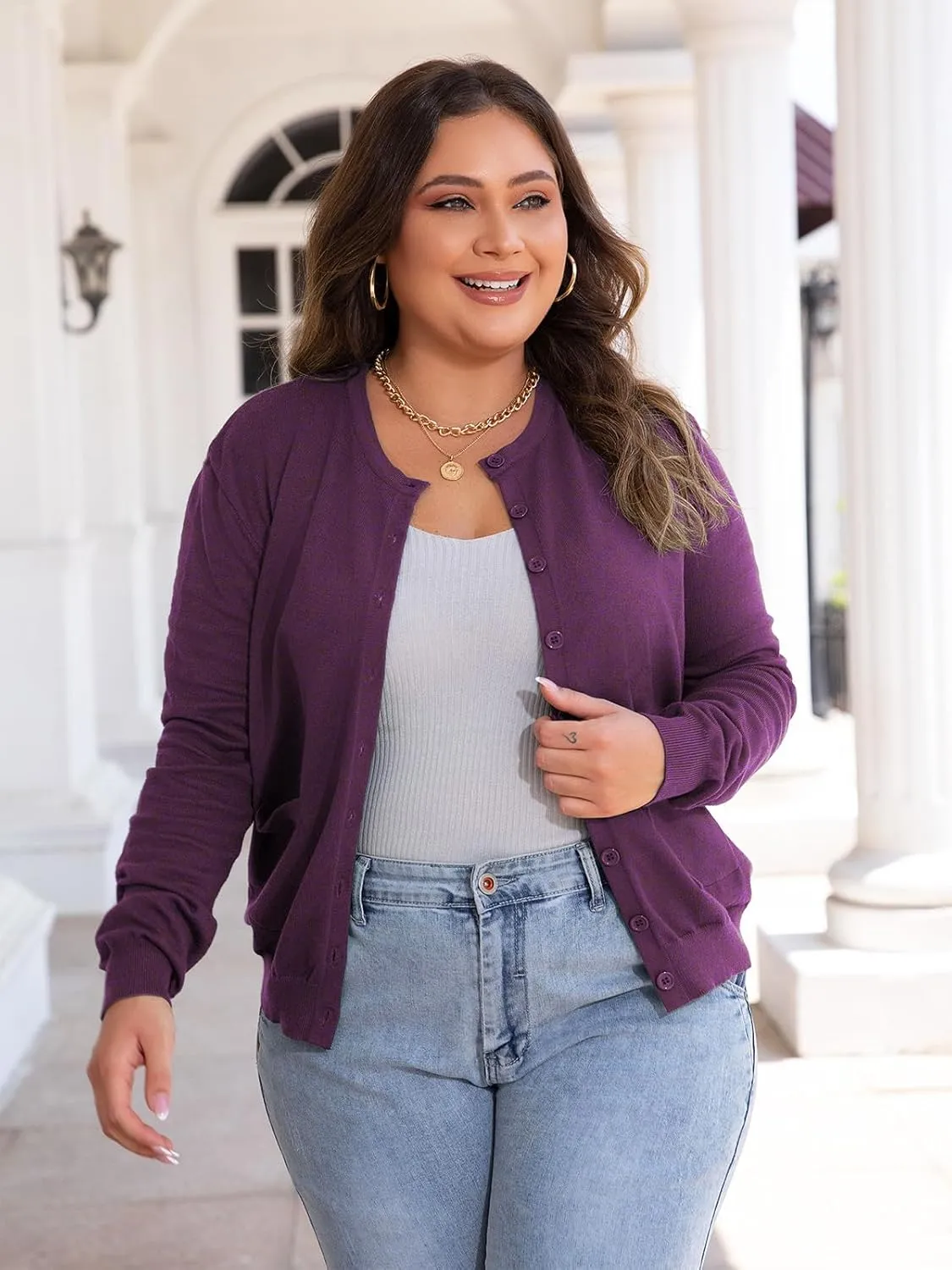 MK Shop Limited Womens Plus Size Cardigans Lightweight Button Sweaters Two Pockets Long Sleeve Knit Open Front Outwear