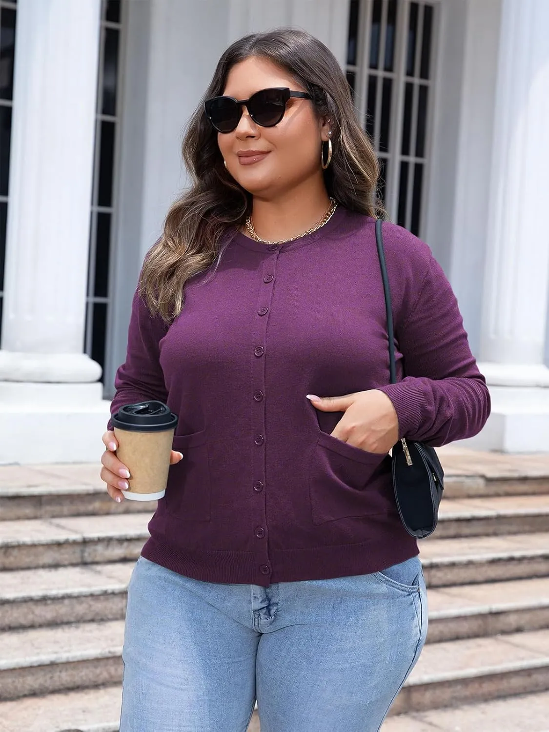 MK Shop Limited Womens Plus Size Cardigans Lightweight Button Sweaters Two Pockets Long Sleeve Knit Open Front Outwear