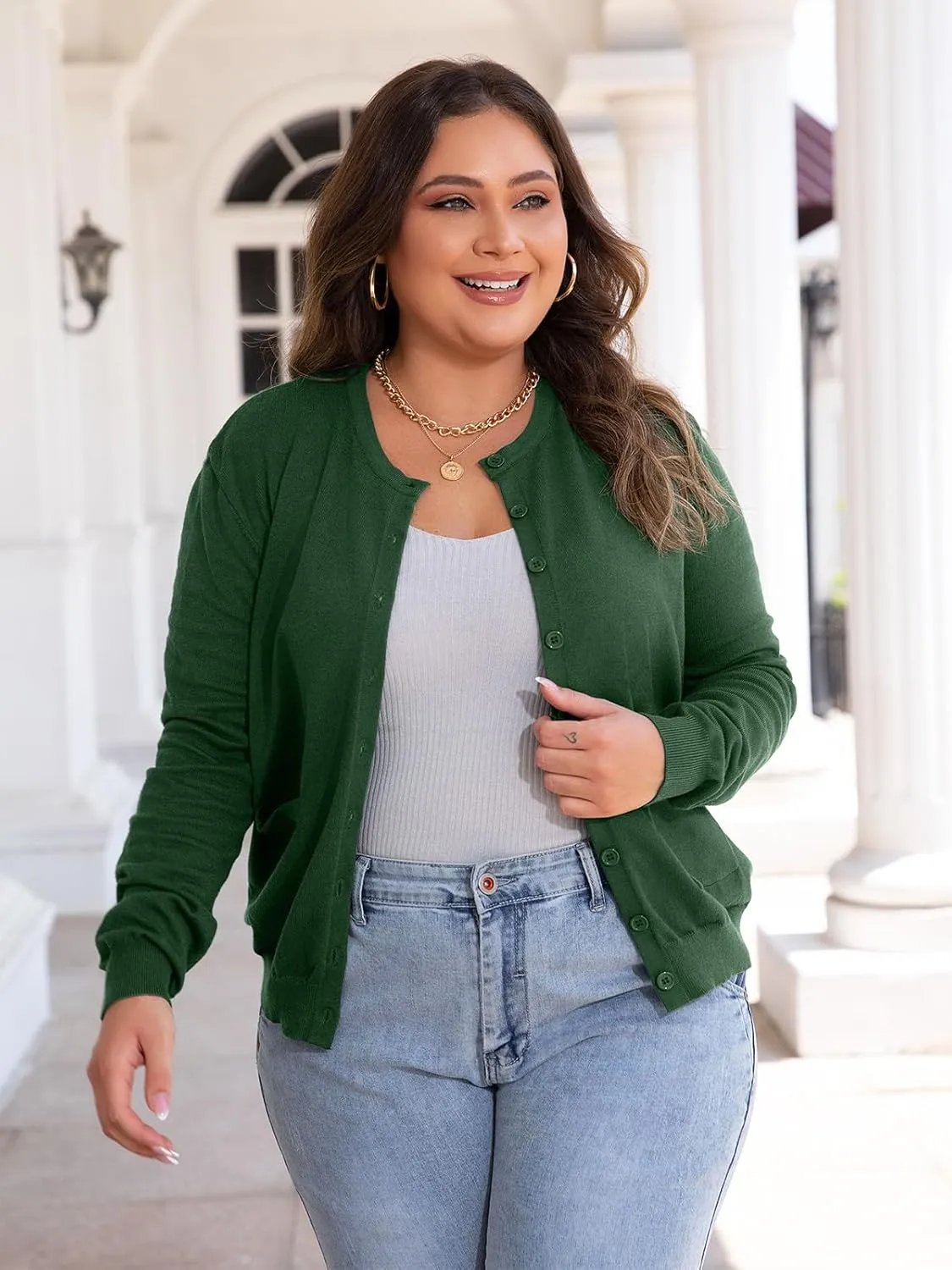 MK Shop Limited Womens Plus Size Cardigans Lightweight Button Sweaters Two Pockets Long Sleeve Knit Open Front Outwear