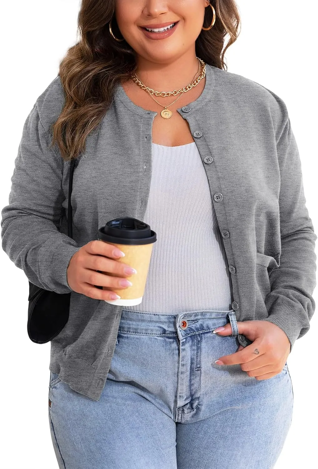 MK Shop Limited Womens Plus Size Cardigans Lightweight Button Sweaters Two Pockets Long Sleeve Knit Open Front Outwear