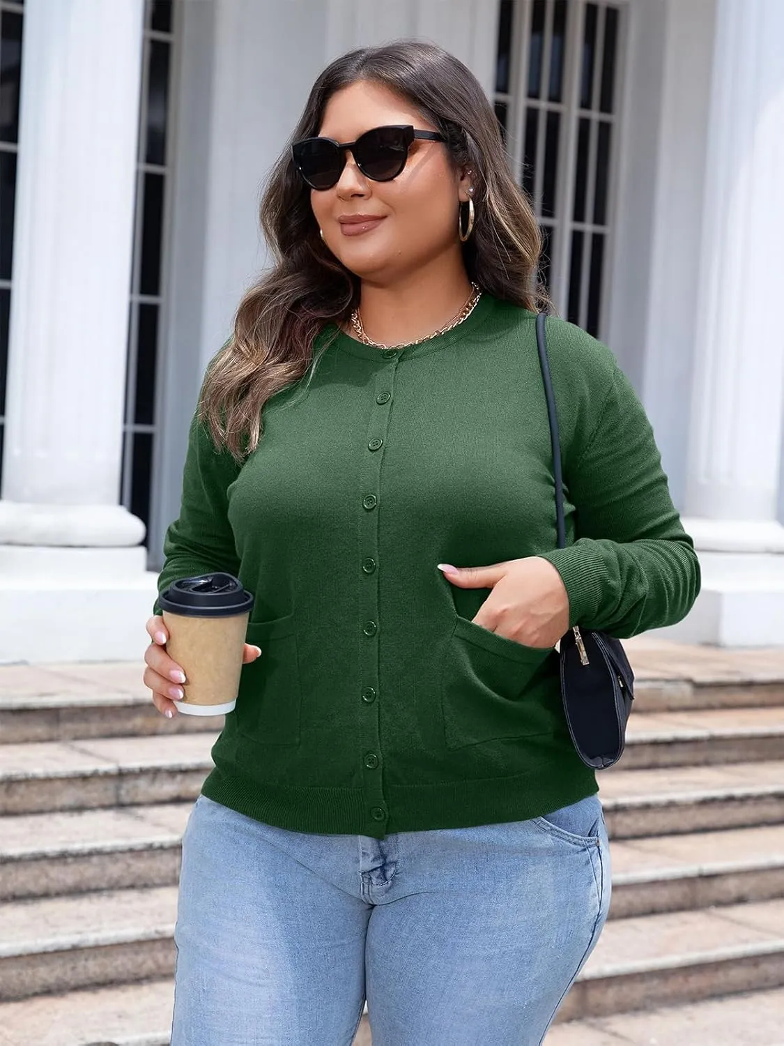 MK Shop Limited Womens Plus Size Cardigans Lightweight Button Sweaters Two Pockets Long Sleeve Knit Open Front Outwear