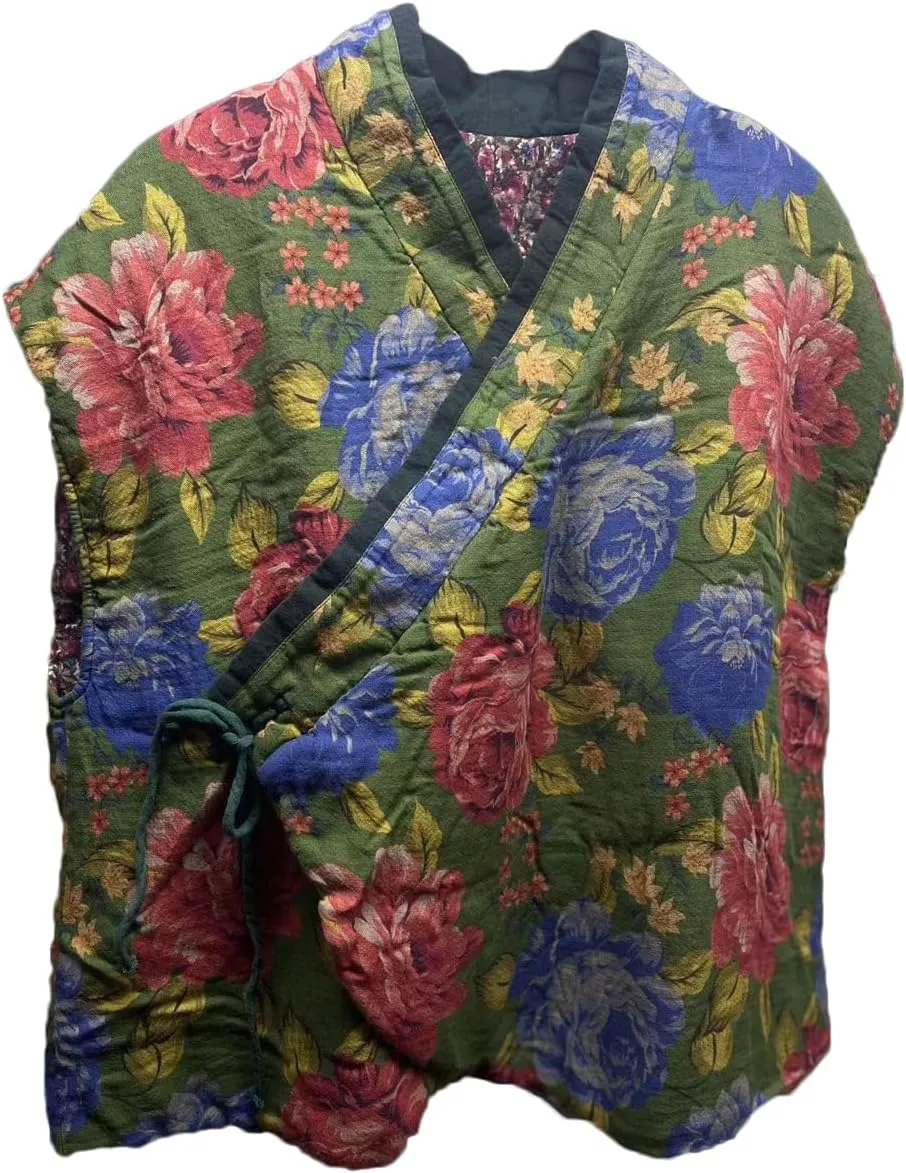 NFYM Women's Cotton Lined Vest Flower Printed Sleeveless Cardigan Spring Fall Vintage Outwear Tops