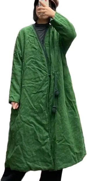 NFYM Women's Trench Coat Linen Cotton Quilted Open Front Wrap One Button Cardigan Loose Outwear Jacket