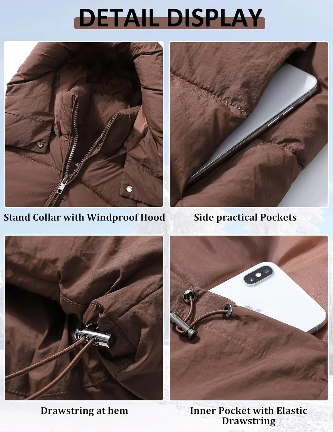 PEHMEA Women Mid-Length Puffer Hooded Jacket Winter Padded Warm Coat Thicken Outerwear Coats