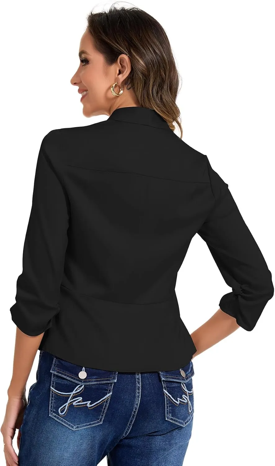PEIQI Women's Ruched 3/4 Sleeve Lightweight Satin Open Front Cardigan Casual Thin Blazer for Spring Summer