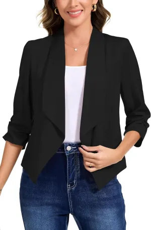 PEIQI Women's Ruched 3/4 Sleeve Lightweight Satin Open Front Cardigan Casual Thin Blazer for Spring Summer