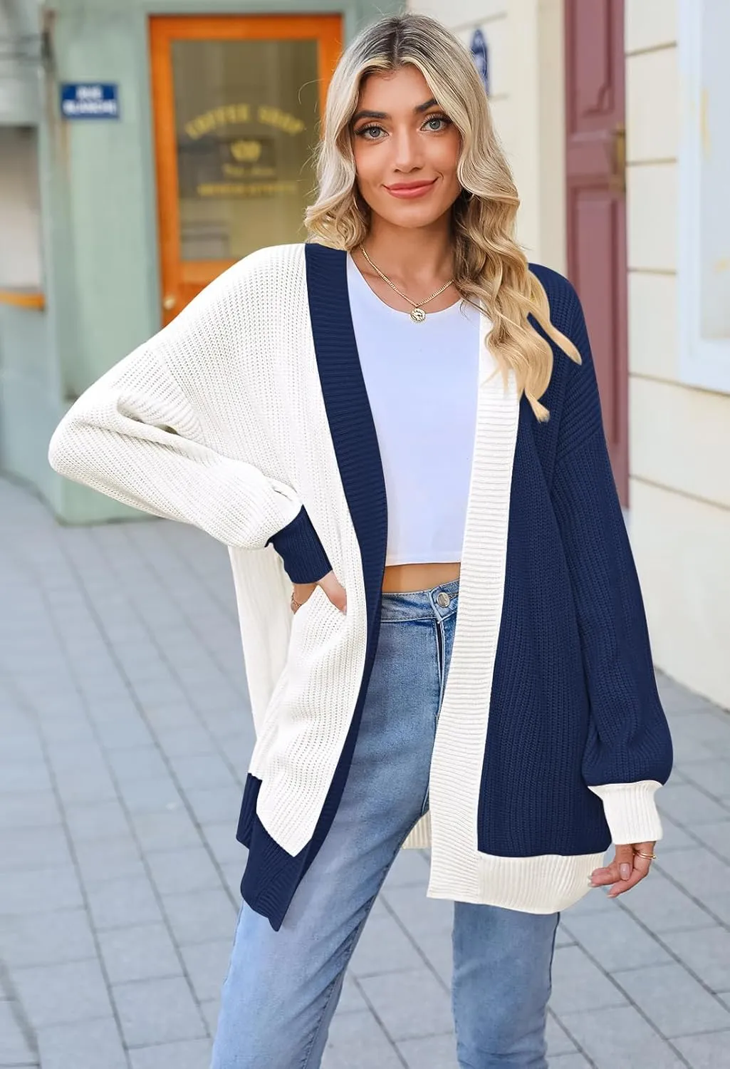 Pink Queen 2024 Fall Long Cardigans for Women Batwing Sleeve Open Front Ribbed Knit Oversized Cardigan Sweaters with Pockets