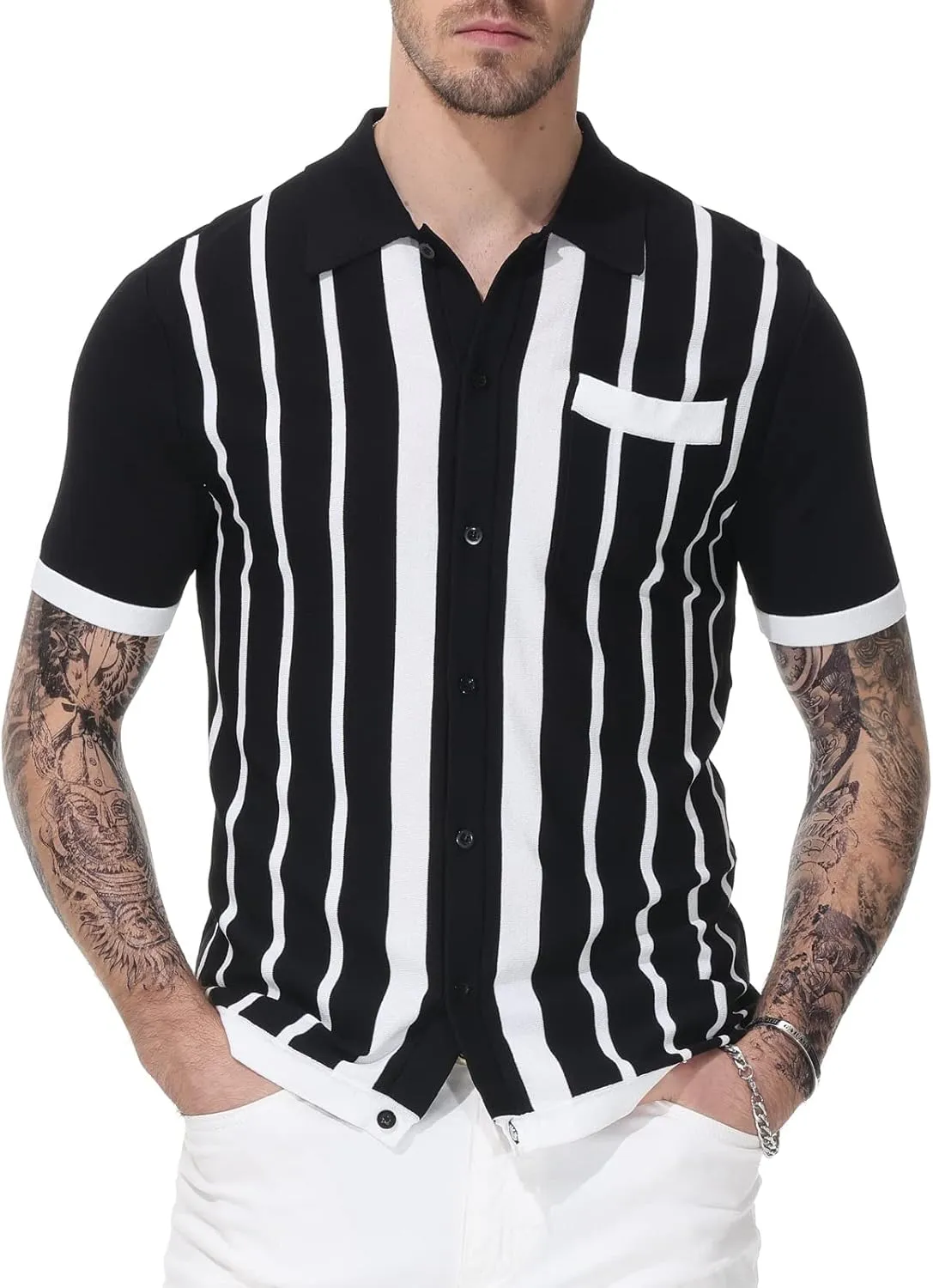 PJ PAUL JONES Mens Polo Shirts Vintage Striped Button Down Knitted Golf Shirts