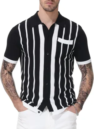PJ PAUL JONES Mens Polo Shirts Vintage Striped Button Down Knitted Golf Shirts