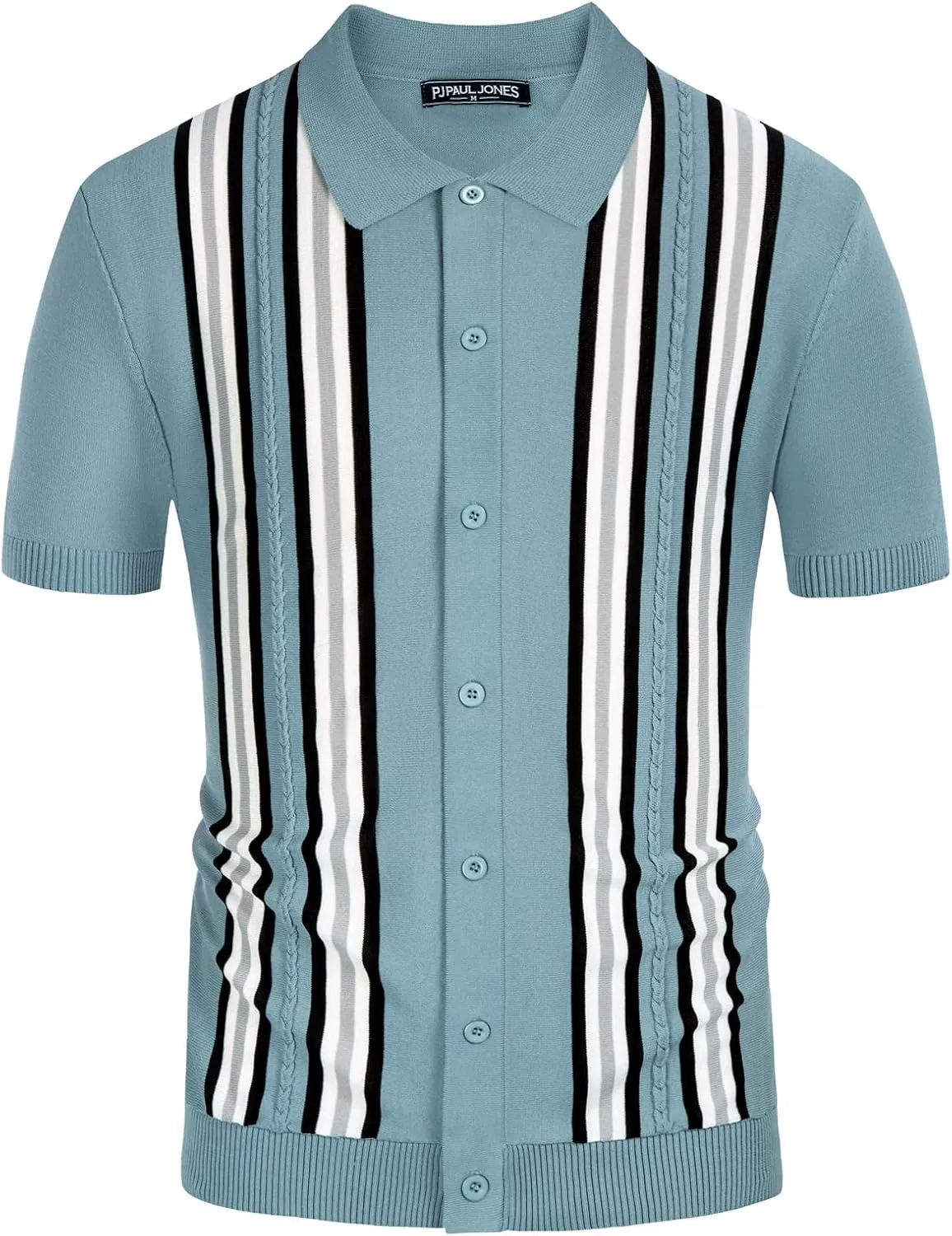 PJ PAUL JONES Mens Polo Shirts Vintage Striped Button Down Knitted Golf Shirts