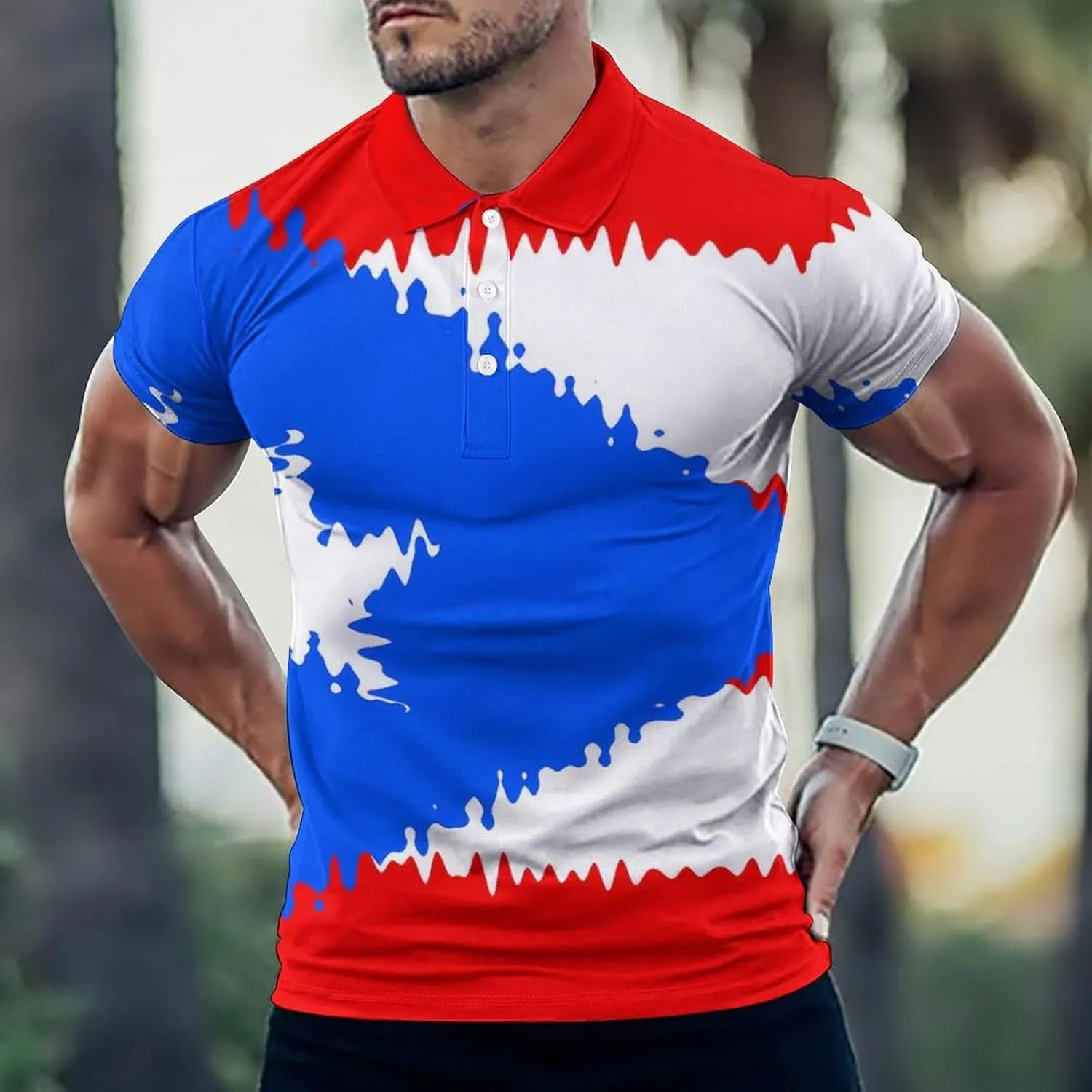 PR State Flag Ripple Effect Mens Polo Shirts Quick Dry Short Sleeve T-shirts Slim Tennis Collared Tees Tops