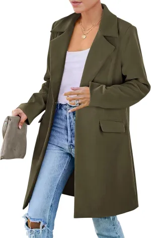 PRETTYGARDEN Women's 2025 Spring Fall Long Blazer Jackets Long Sleeve Lapel Pockets Loose Fit Work Casual Blazers Outerwear