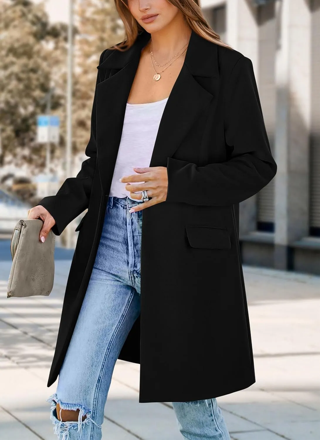 PRETTYGARDEN Women's 2025 Spring Fall Long Blazer Jackets Long Sleeve Lapel Pockets Loose Fit Work Casual Blazers Outerwear