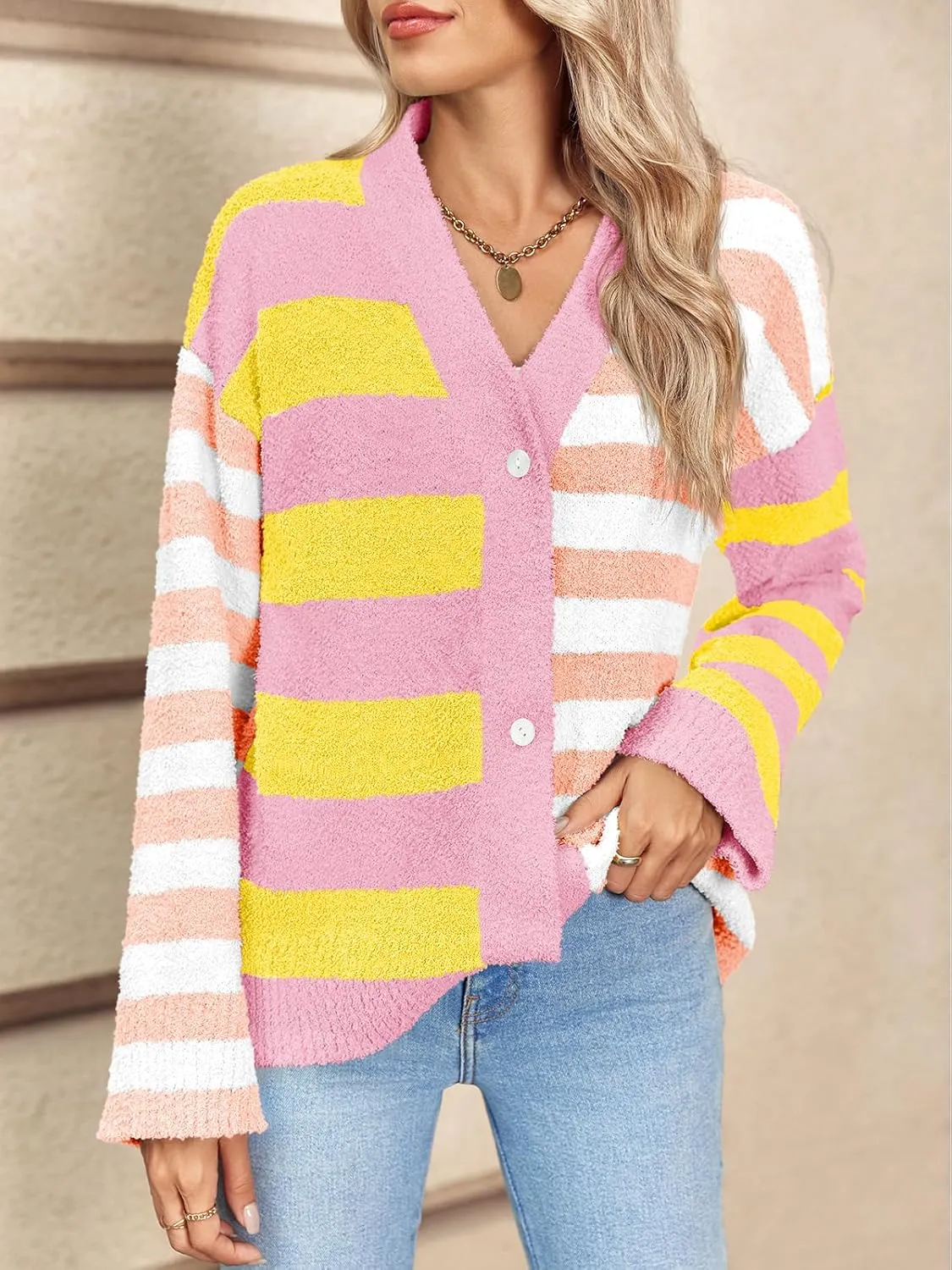 Saodimallsu Womens Striped Cardigan Sweaters V Neck Open Front Button Up Color Block Fuzzy Loose Knit Coats