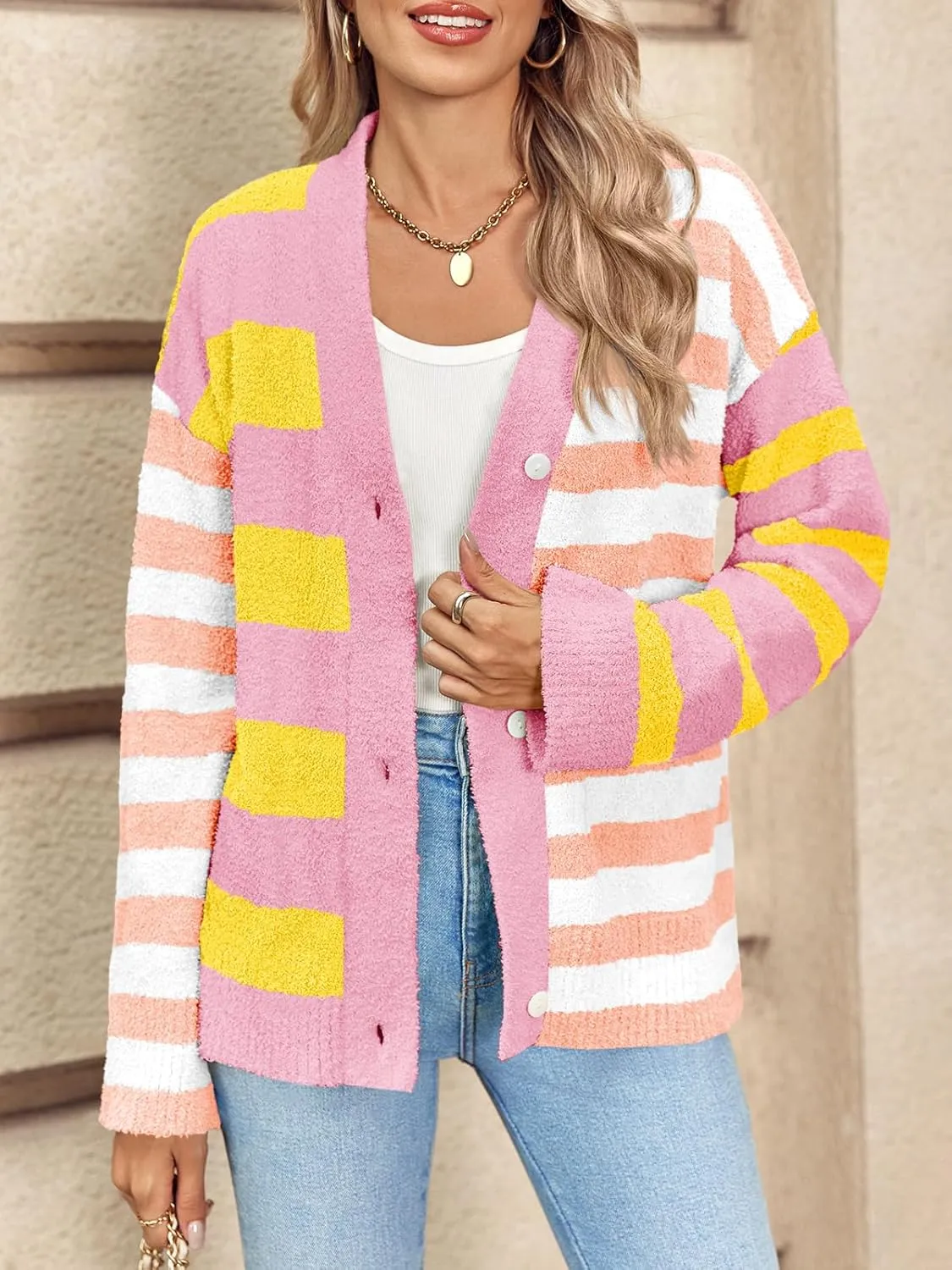 Saodimallsu Womens Striped Cardigan Sweaters V Neck Open Front Button Up Color Block Fuzzy Loose Knit Coats